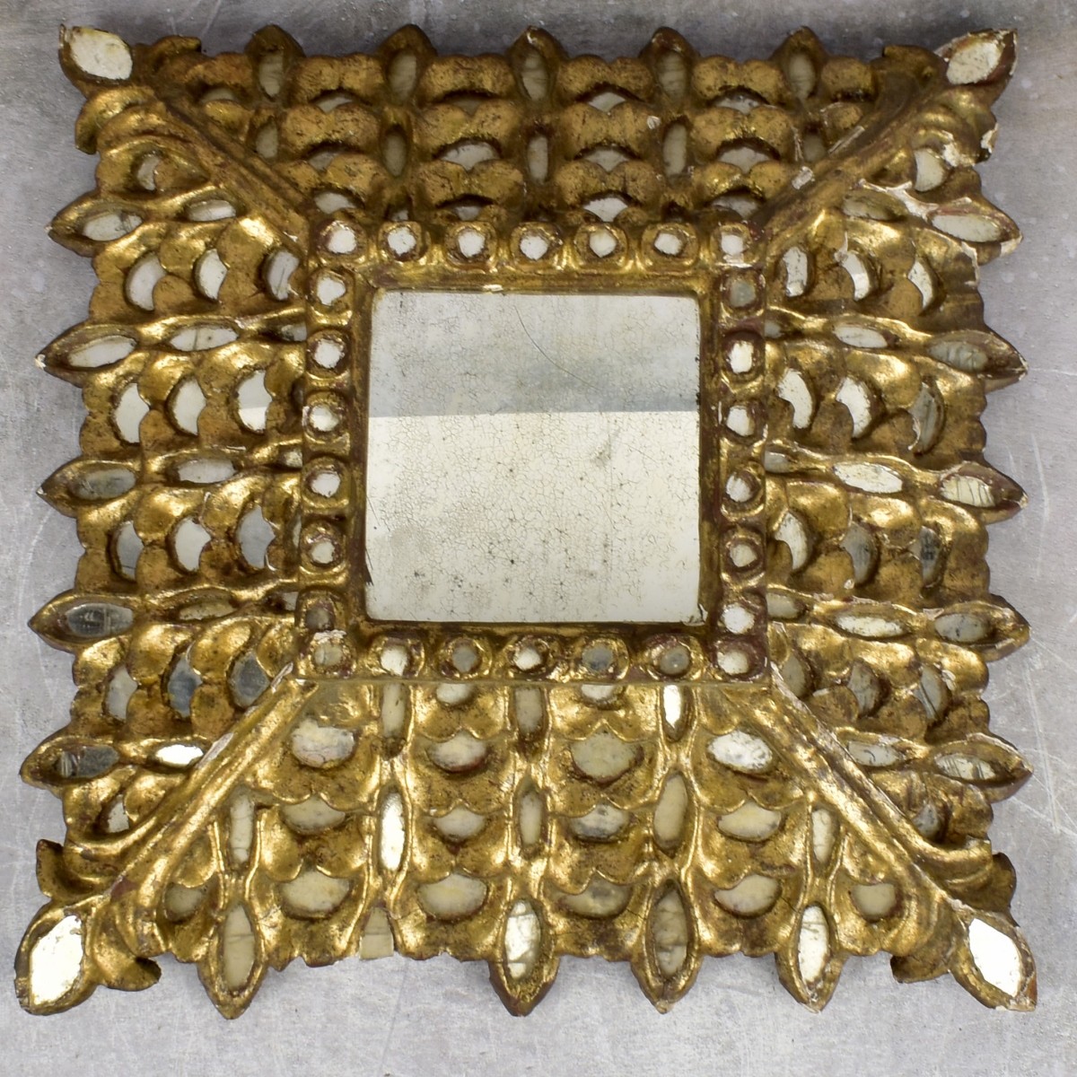 Vintage Carved Wood Square Spanish Mirror