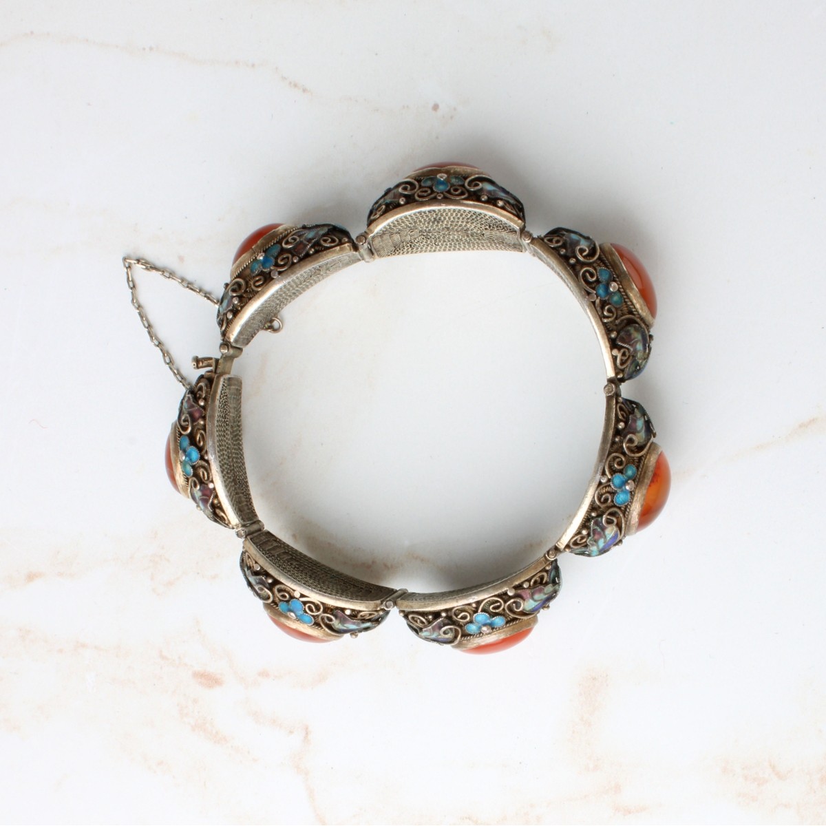 Carnelian, Enamel and Silver Bracelet