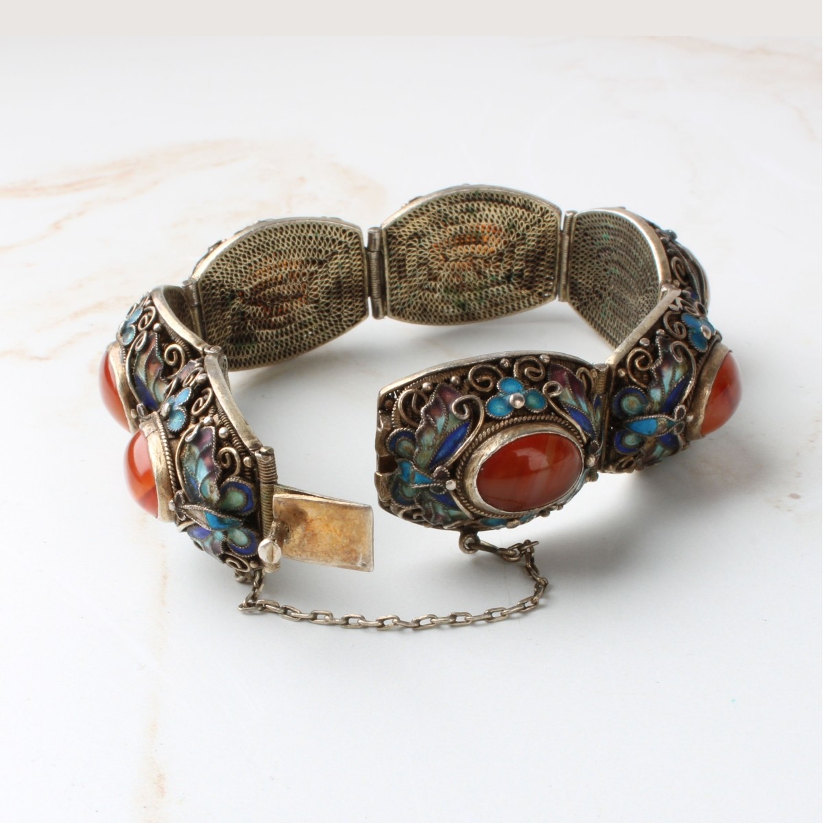 Carnelian, Enamel and Silver Bracelet