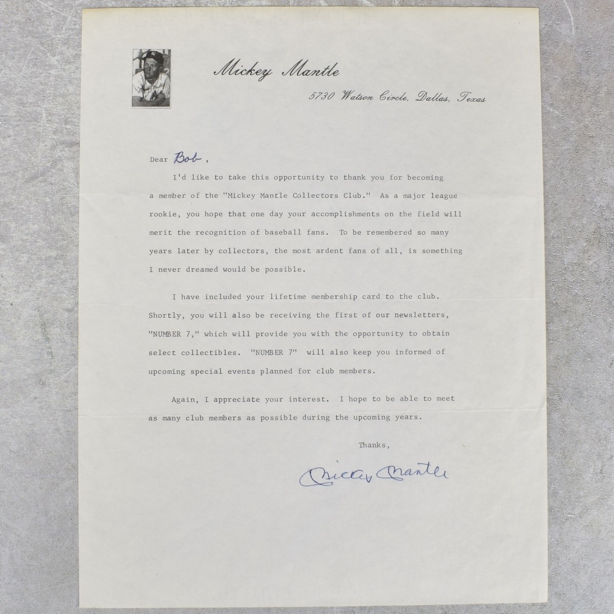 Mickey Mantle Collectors Club Signed Letter