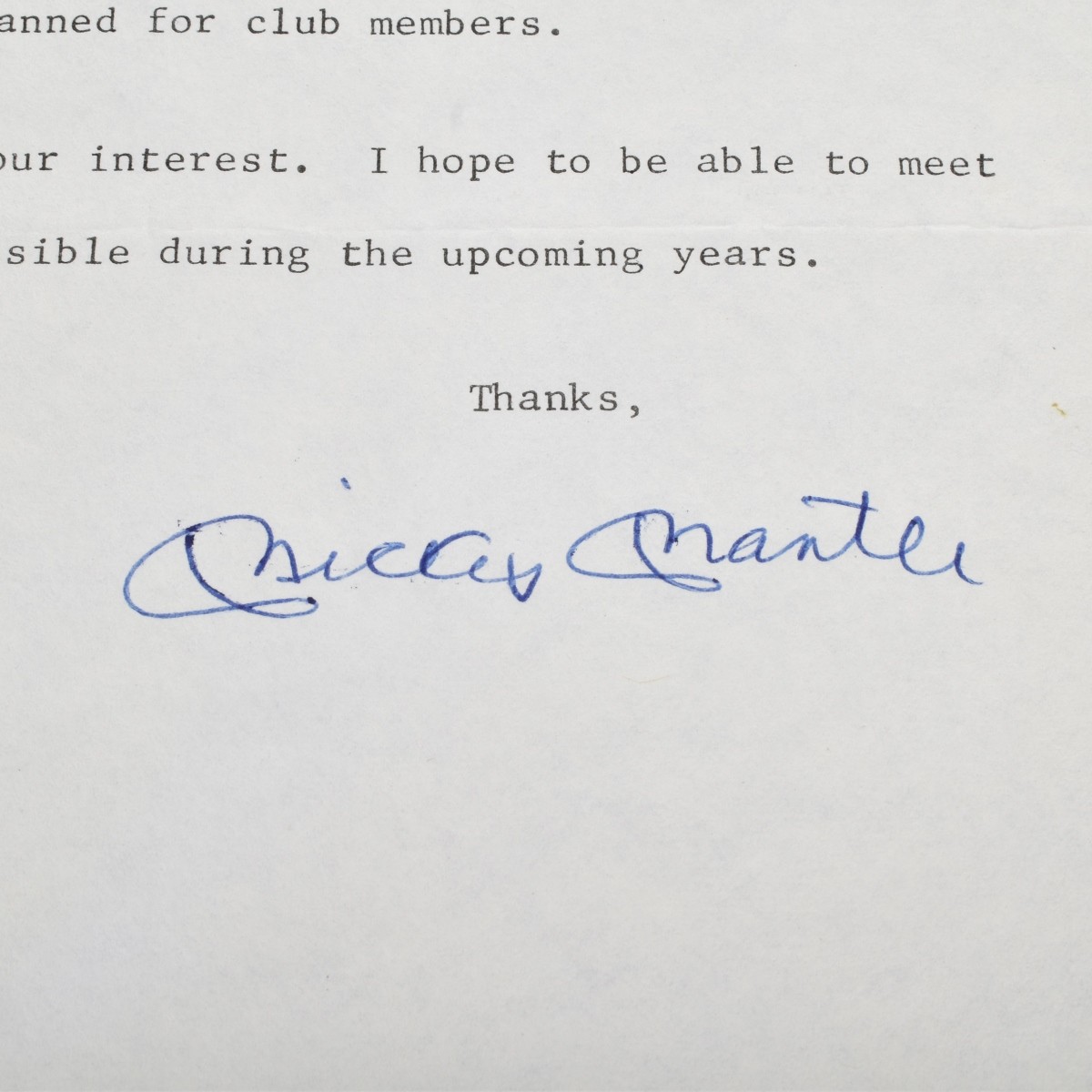 Mickey Mantle Collectors Club Signed Letter