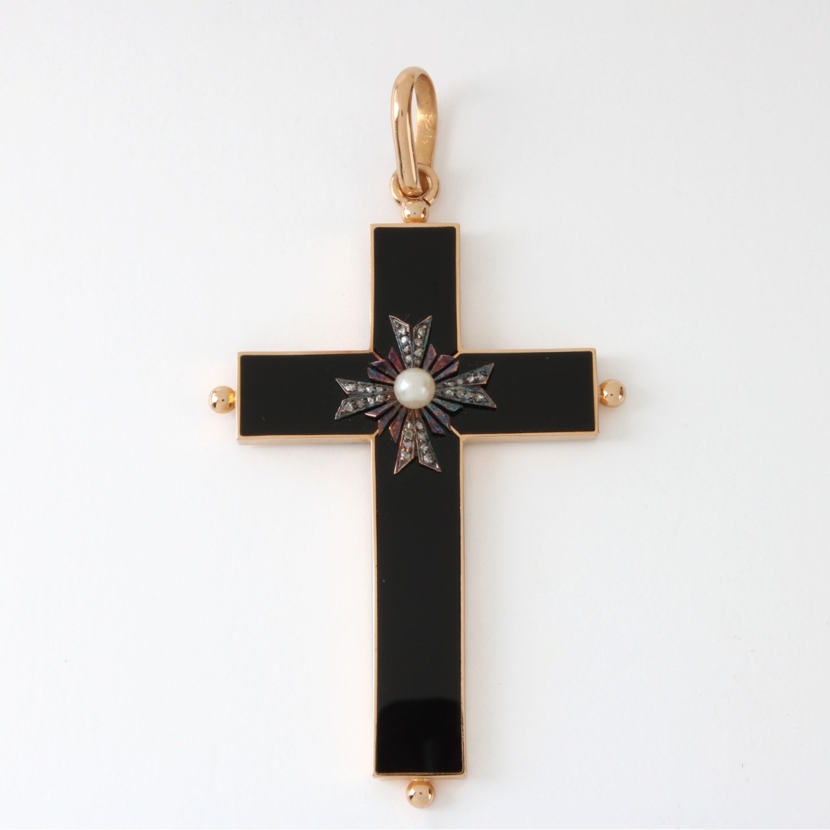 Onyx, Diamond, Pearl and 14K Cross Pendant