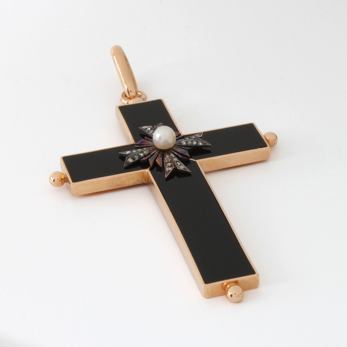 Onyx, Diamond, Pearl and 14K Cross Pendant
