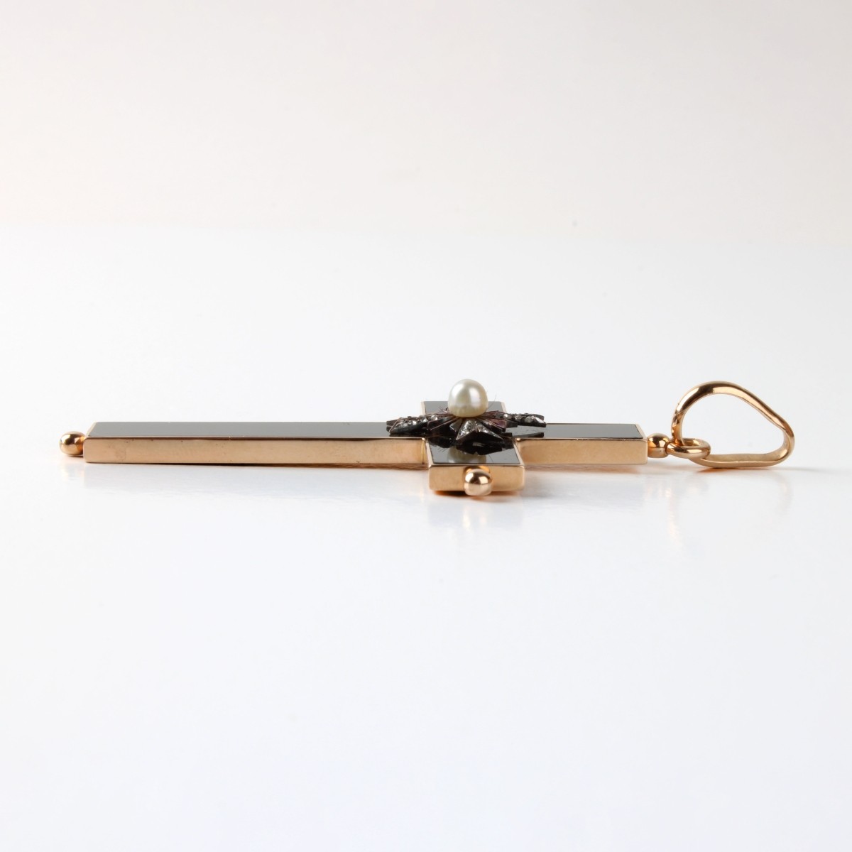 Onyx, Diamond, Pearl and 14K Cross Pendant