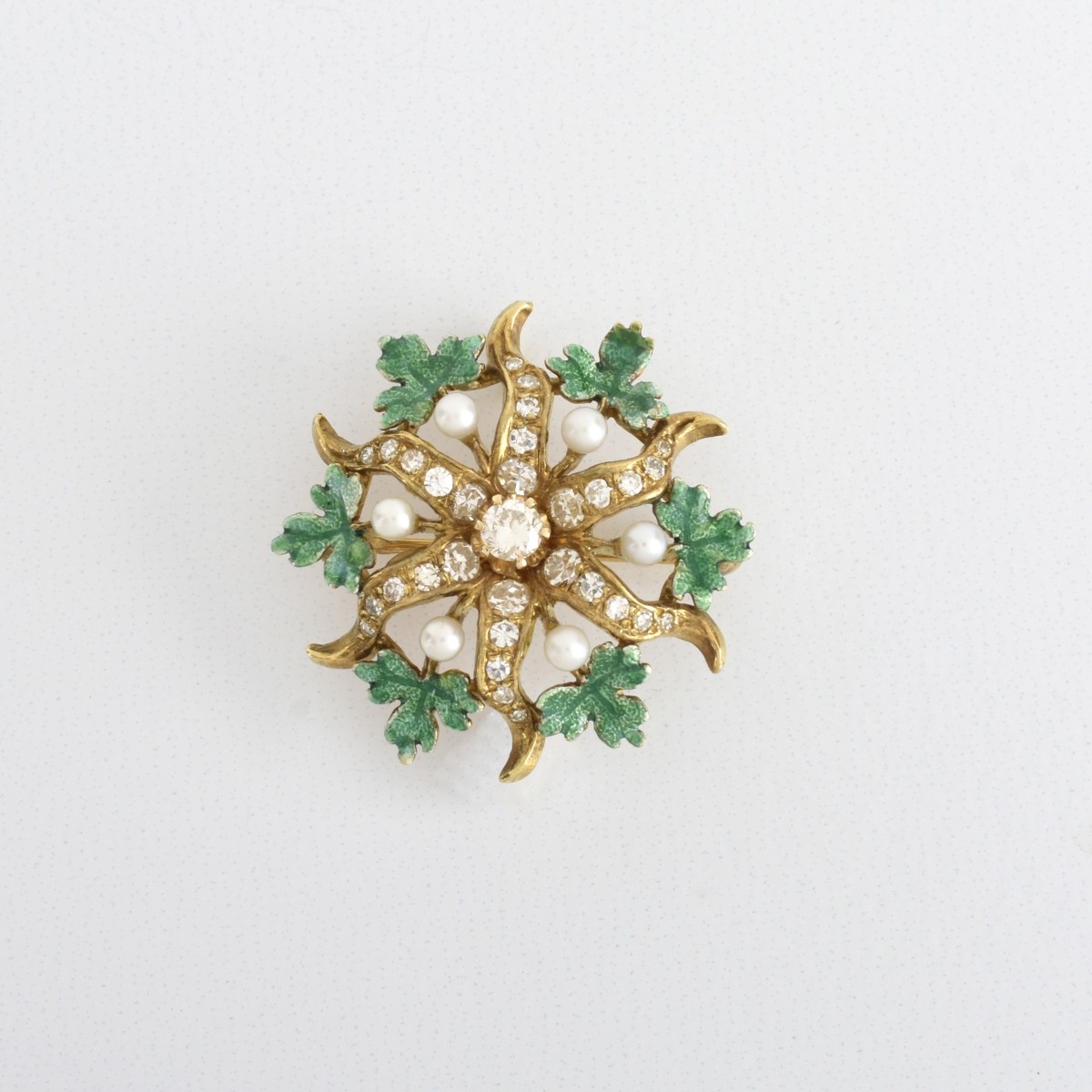 Diamond, Pearl, Enamel and 14K Brooch