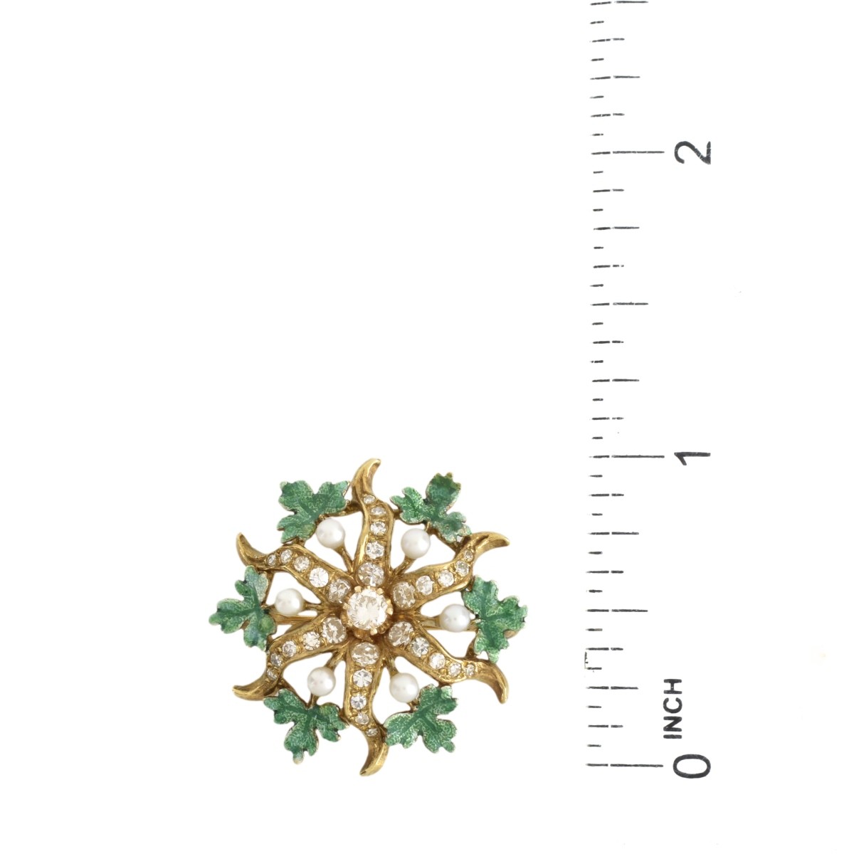 Diamond, Pearl, Enamel and 14K Brooch