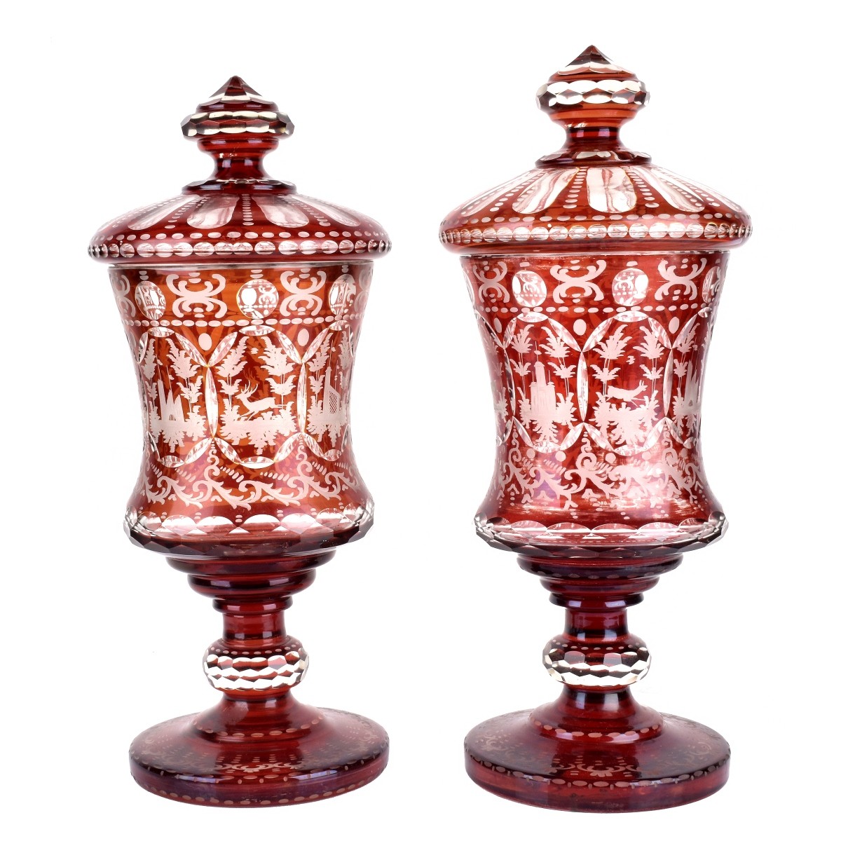 Pair 19C Bohemian Cranberry Cut to Clear Vases