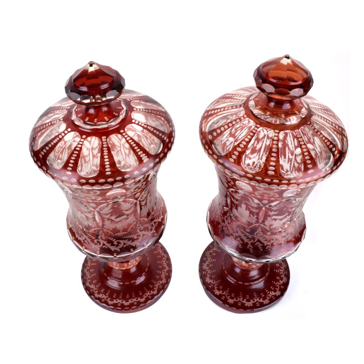 Pair 19C Bohemian Cranberry Cut to Clear Vases