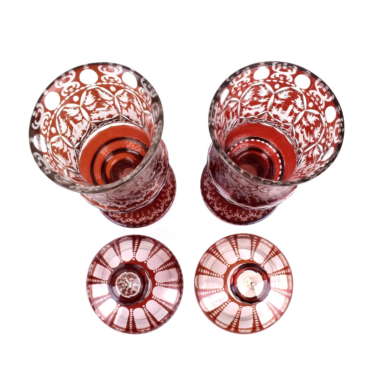 Pair 19C Bohemian Cranberry Cut to Clear Vases