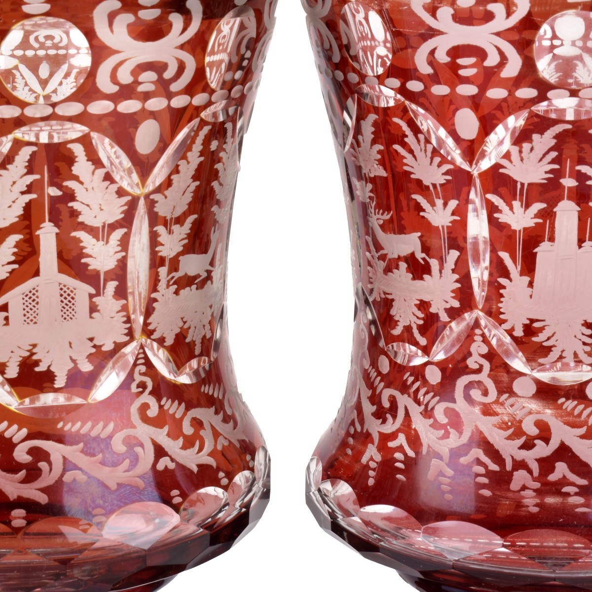 Pair 19C Bohemian Cranberry Cut to Clear Vases
