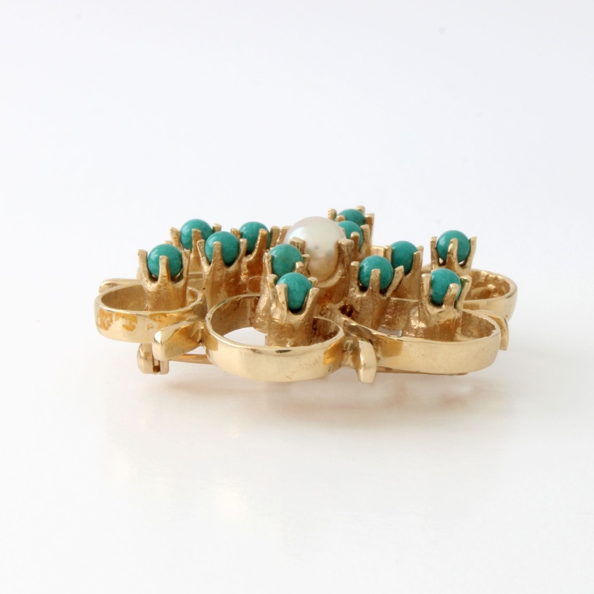 Turquoise, Pearl and 14K Brooch