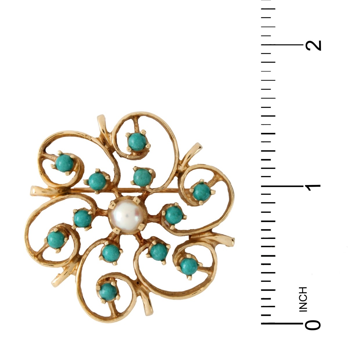 Turquoise, Pearl and 14K Brooch