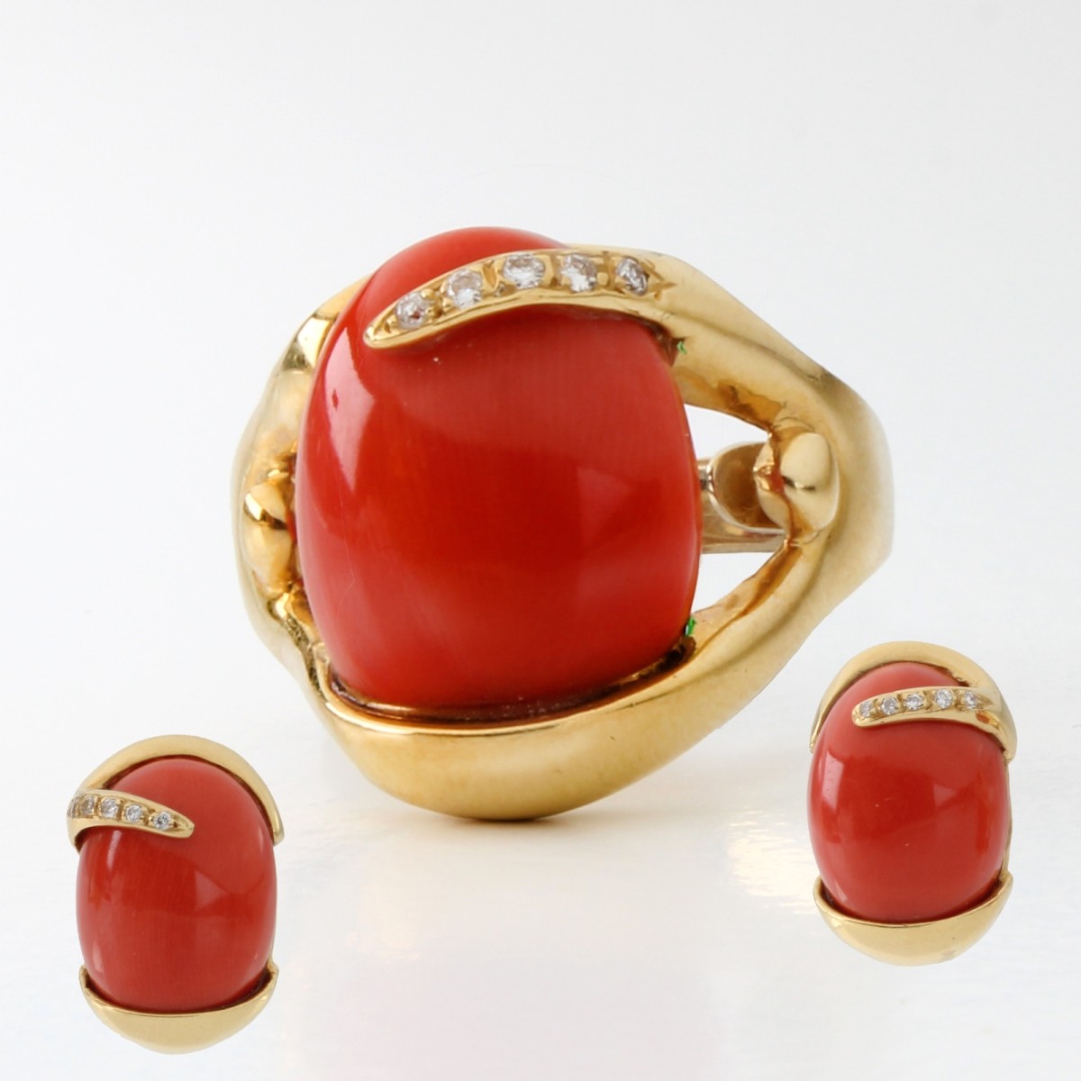 Coral, Diamond and 18K Ring & Earrings