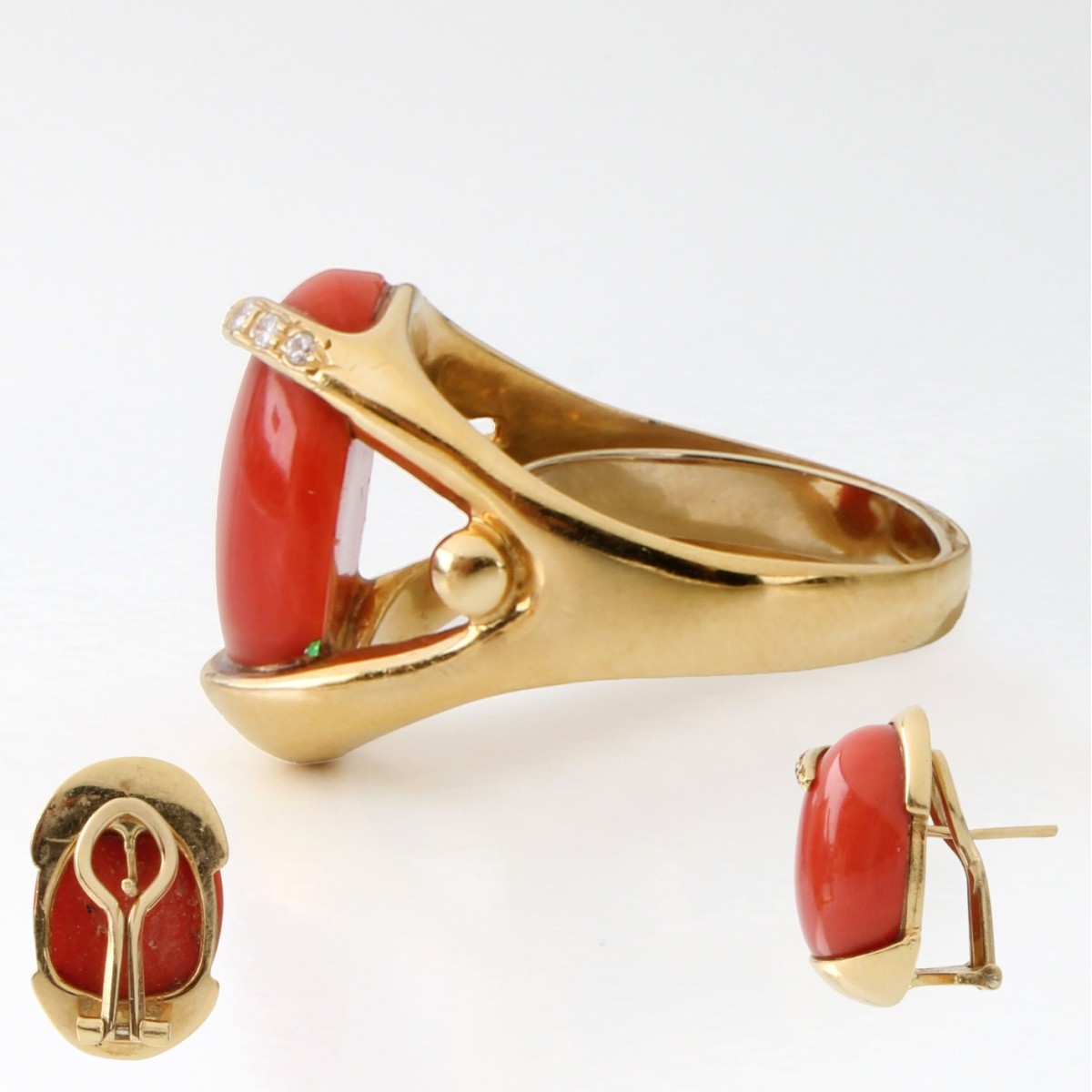 Coral, Diamond and 18K Ring & Earrings