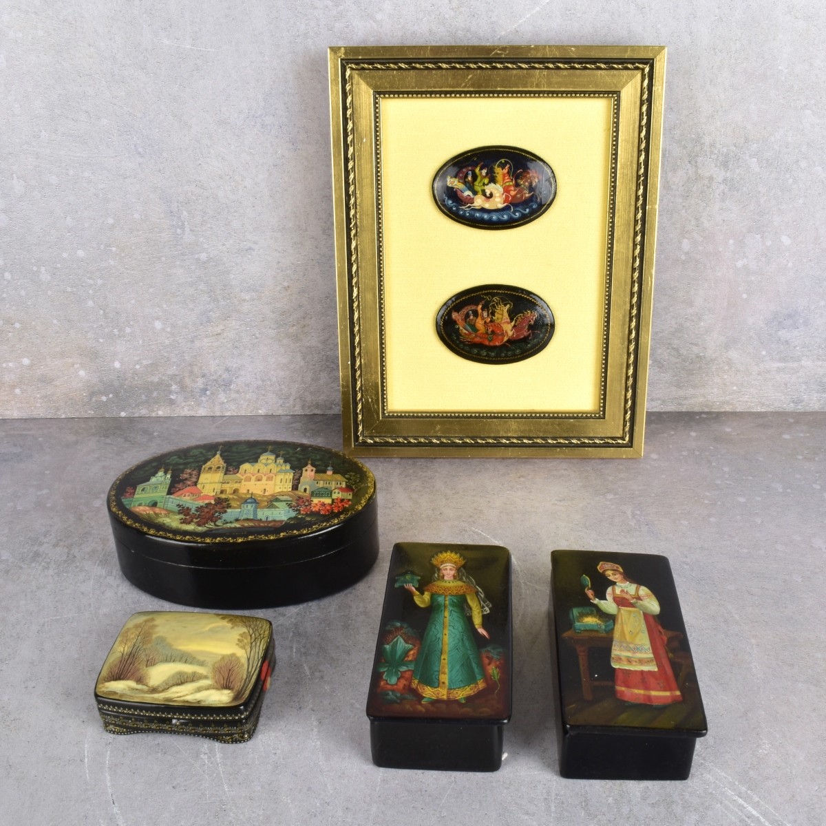 Group of Russian Boxes and Wall Art