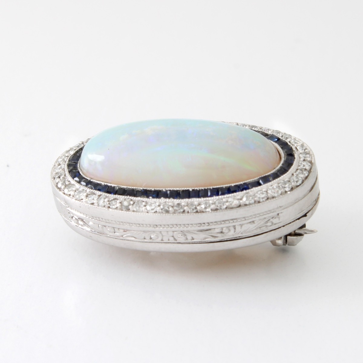 Deco Opal, Sapphire and Diamond Pin