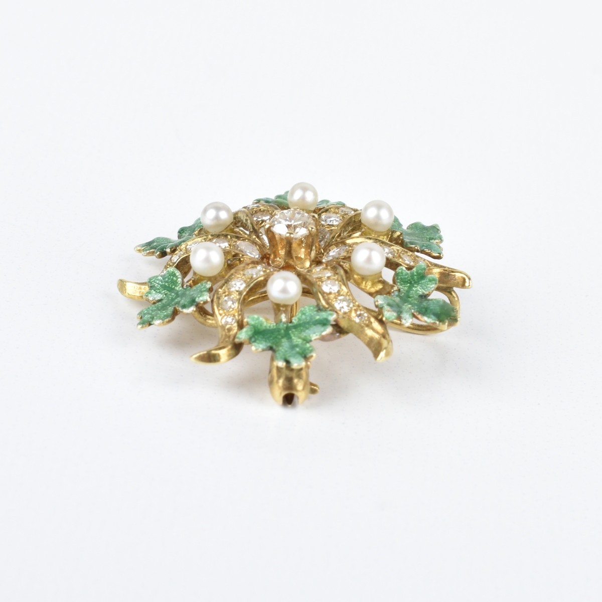 Diamond, Pearl, Enamel and 14K Brooch