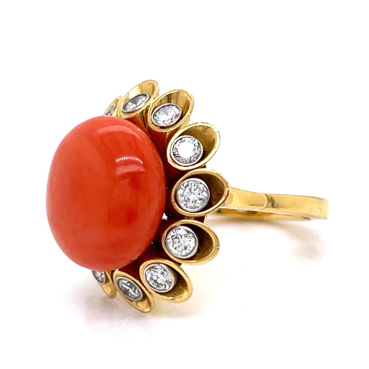 Coral, Diamond and 18K Ring