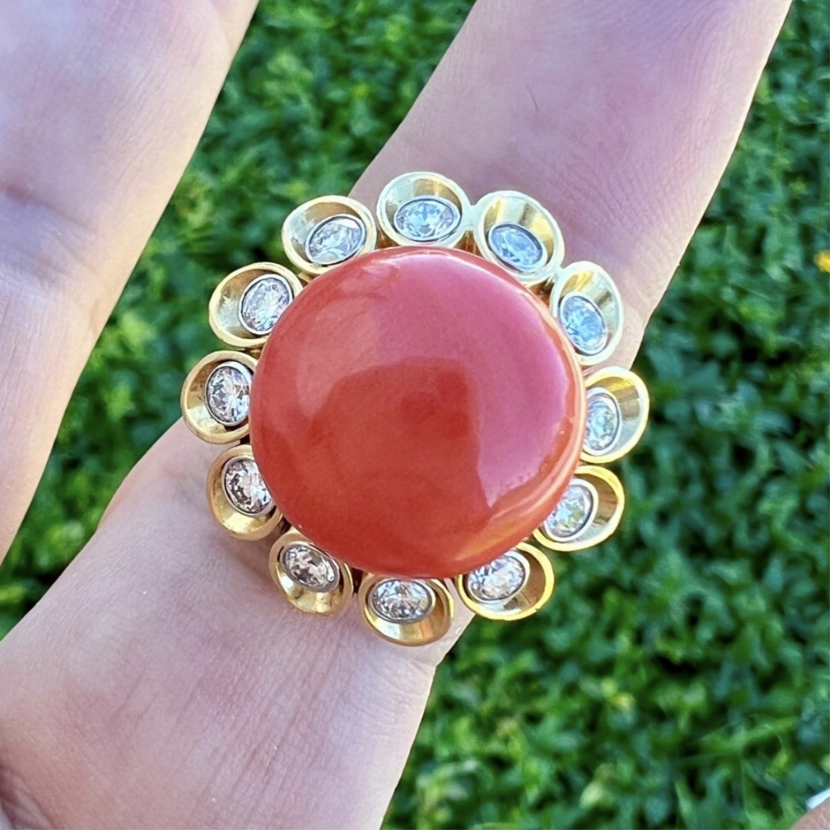 Coral, Diamond and 18K Ring