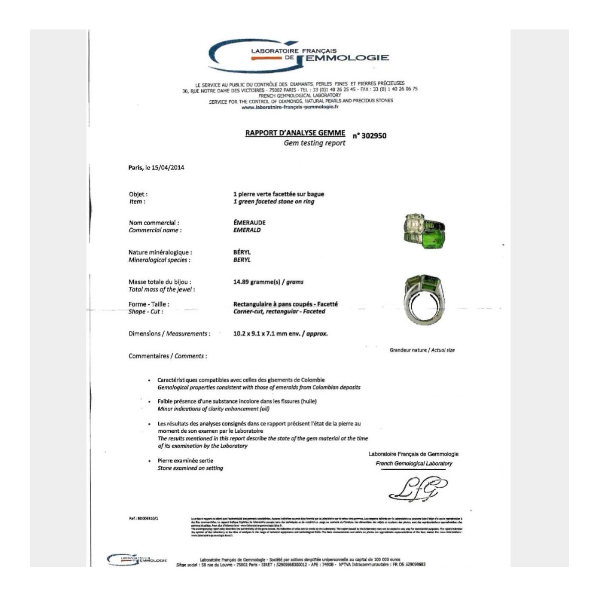 GIA Diamond, Emerald and Platinum Ring