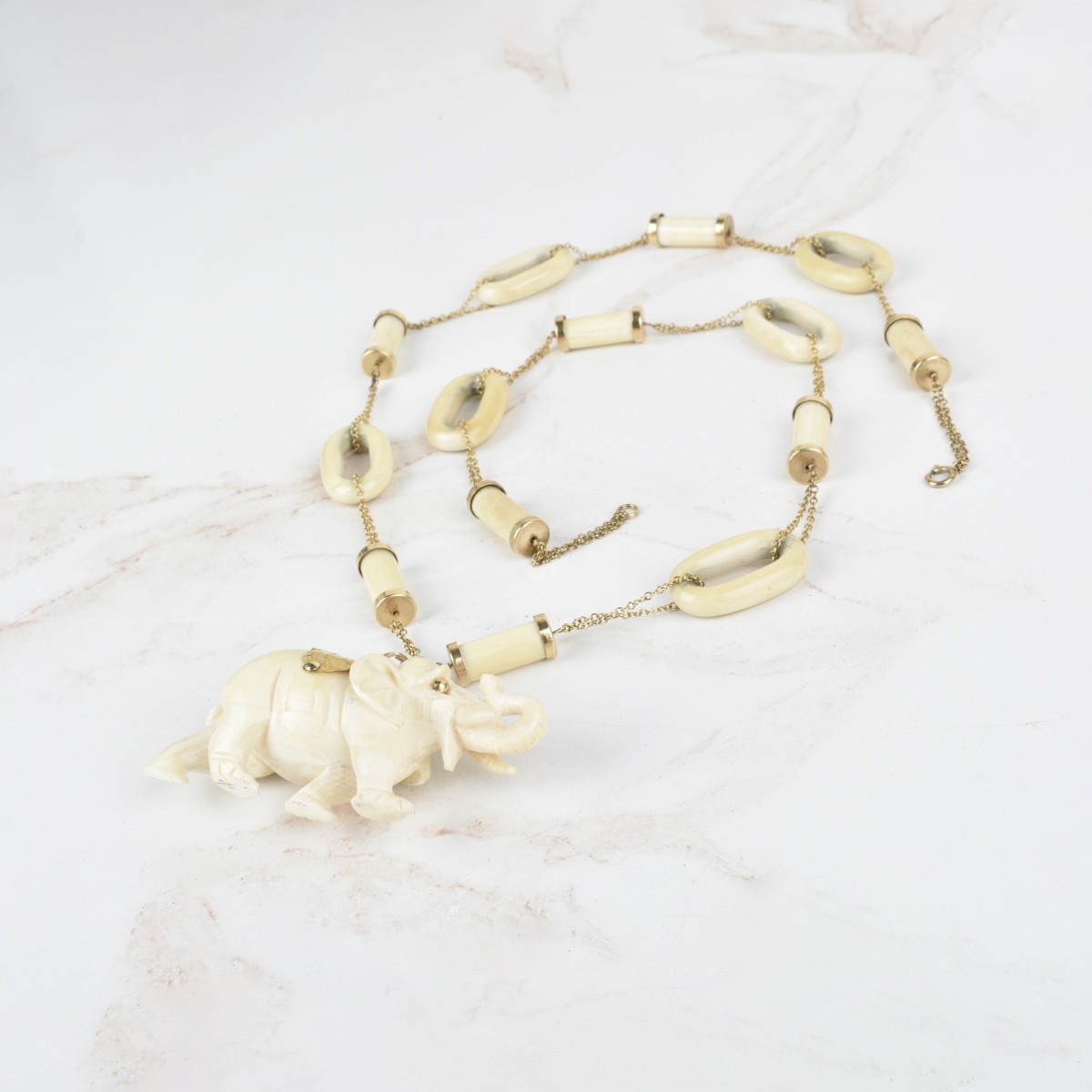 14K and Carved Elephant Pendant Necklace