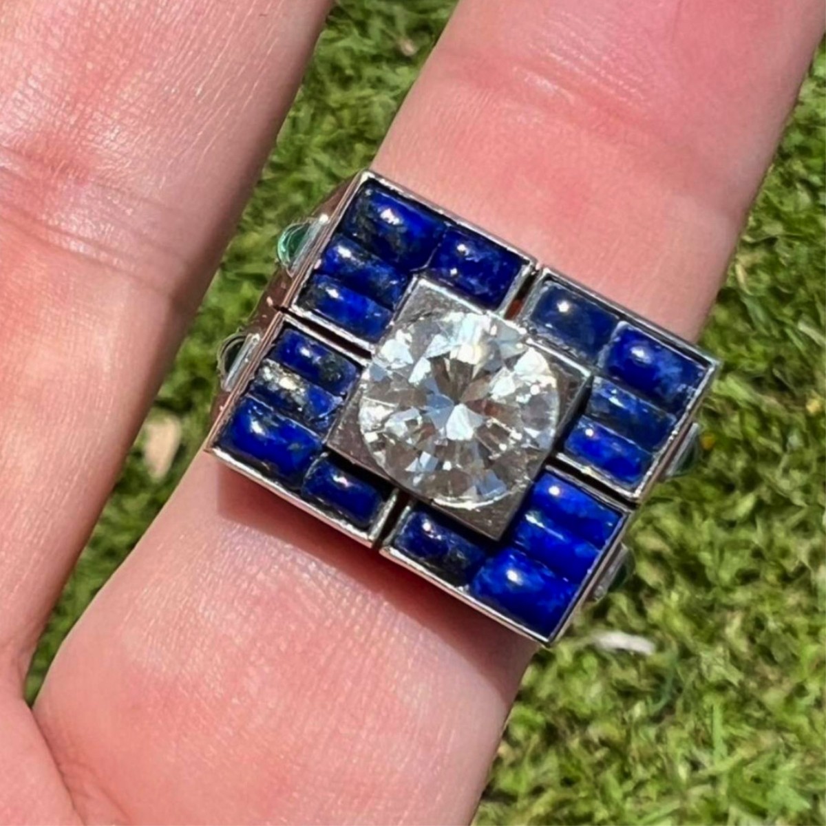 Diamond, Emerald, Lapis & Platinum Ring