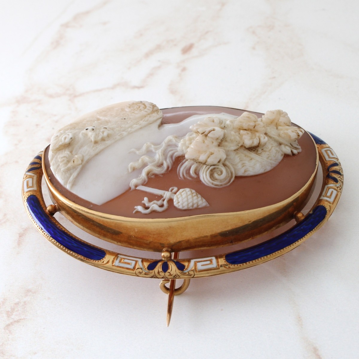 Shell, Enamel and 14K Cameo Brooch