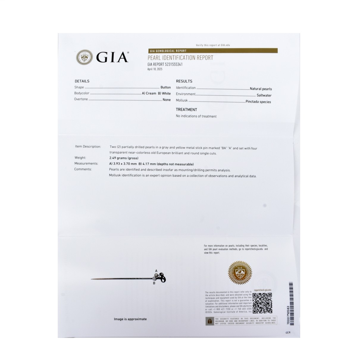 GIA Pearl, Diamond and 14K Stick Pin