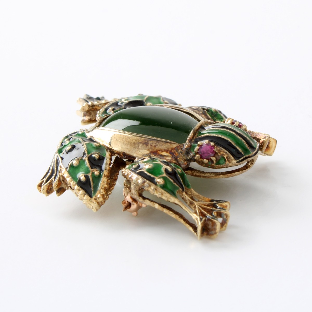Jade, Enamel and 14K Frog Brooch