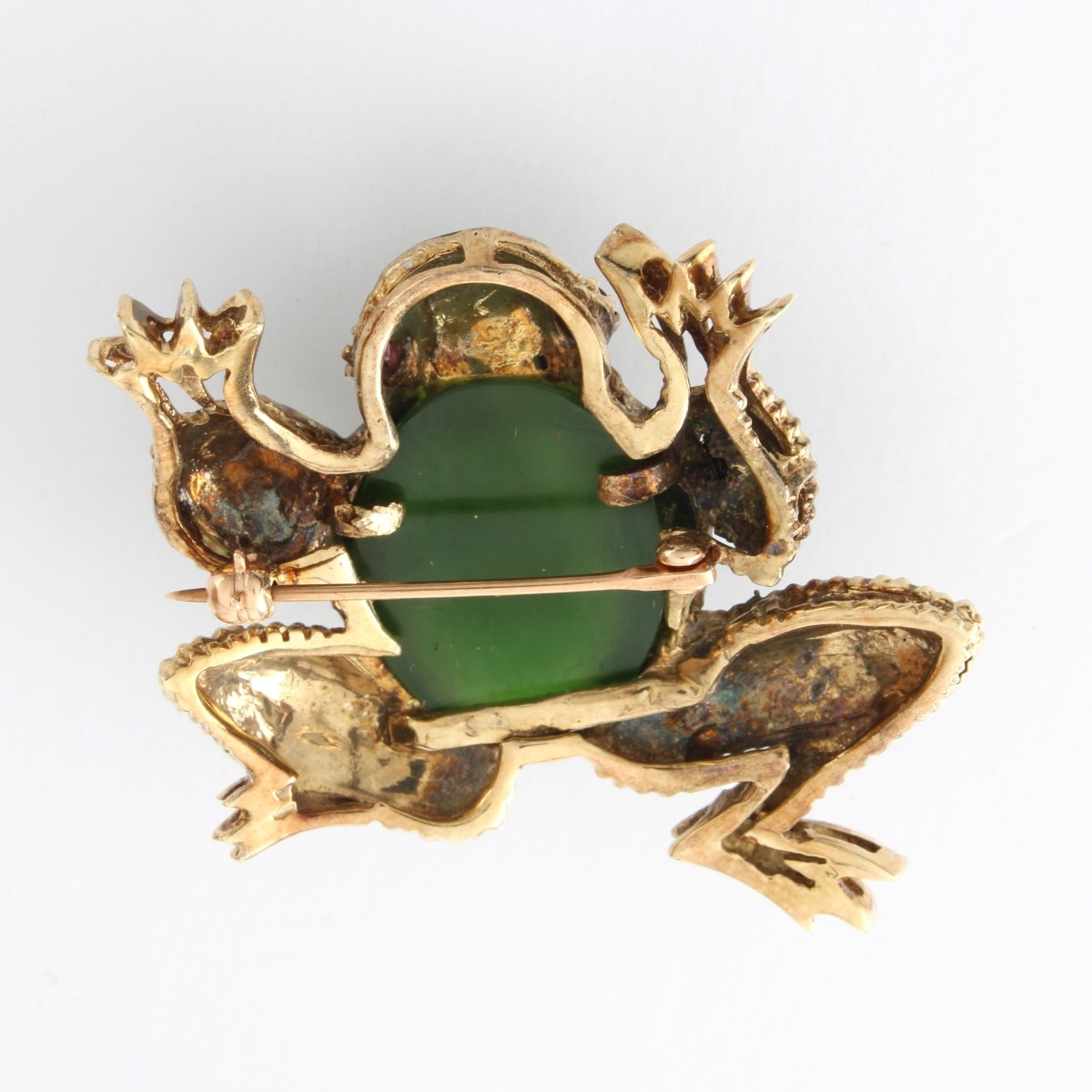 Jade, Enamel and 14K Frog Brooch