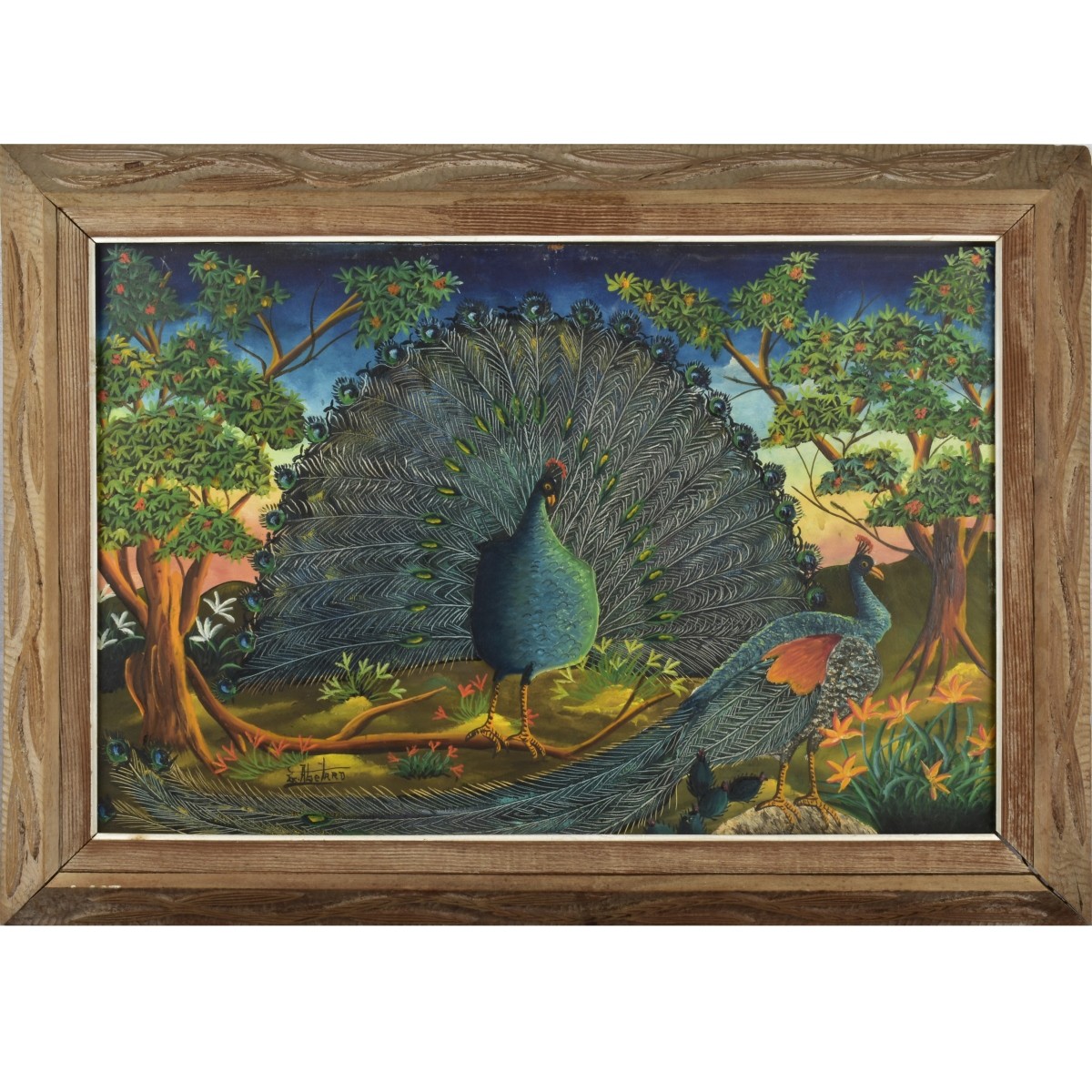 G. Abalard Oil on Panel "Peacocks"