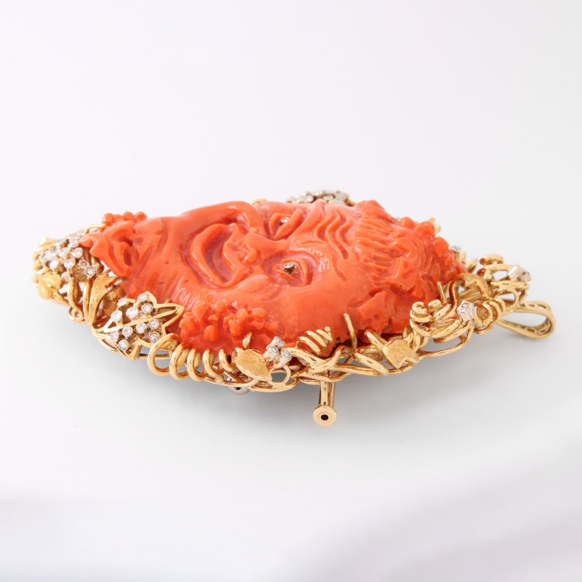 Red Coral, Diamond and 18K Brooch