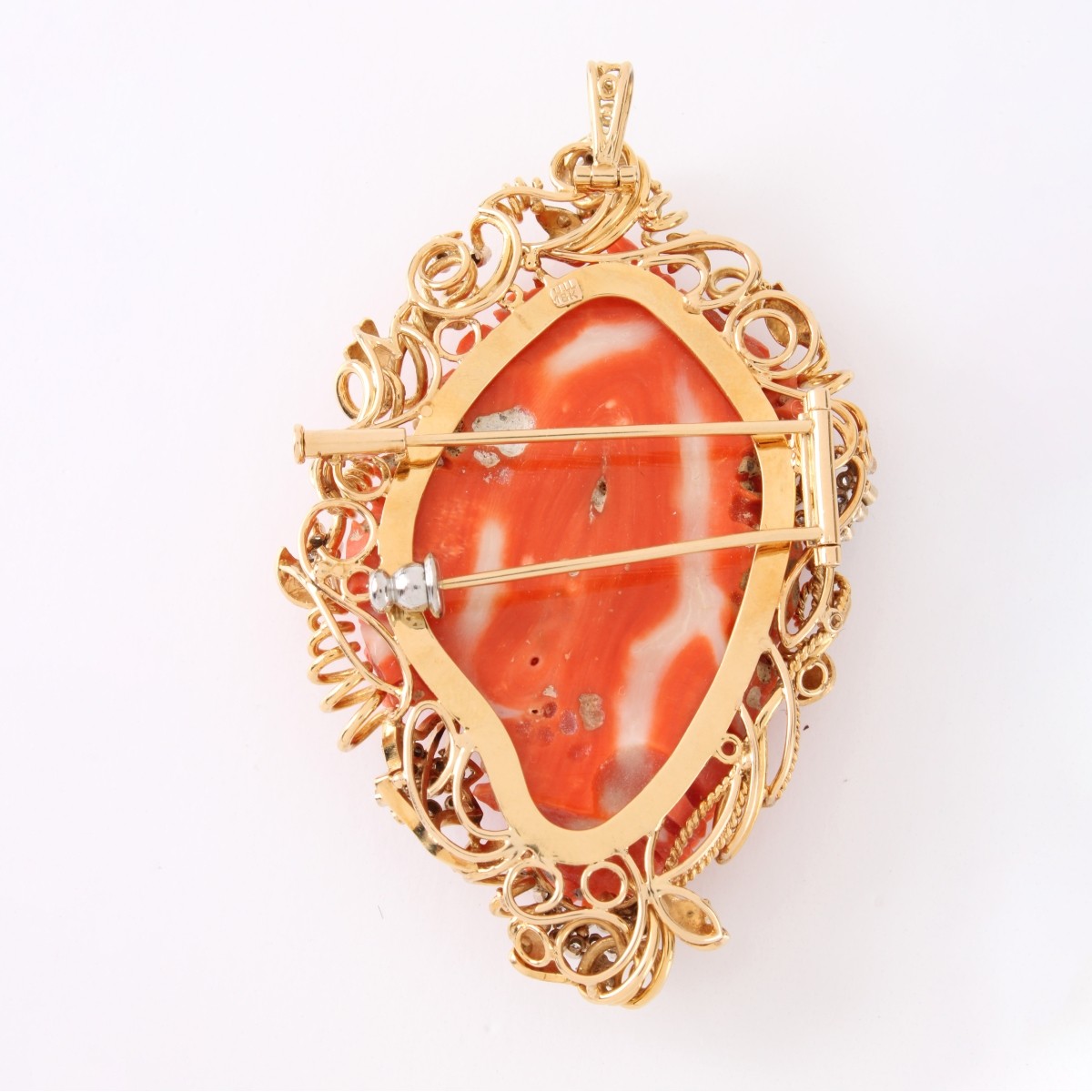 Red Coral, Diamond and 18K Brooch