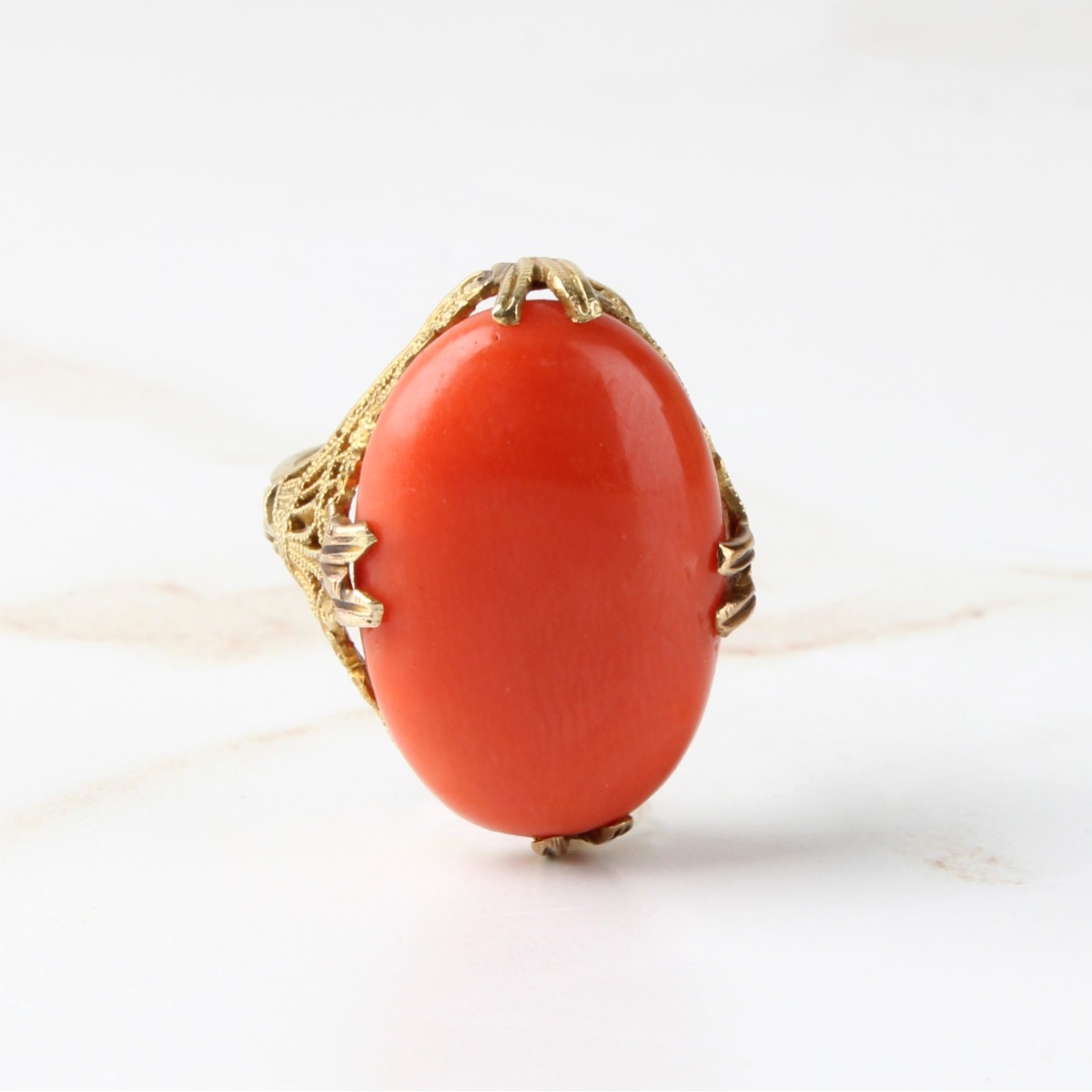 Deco Red Coral and 14K Ring