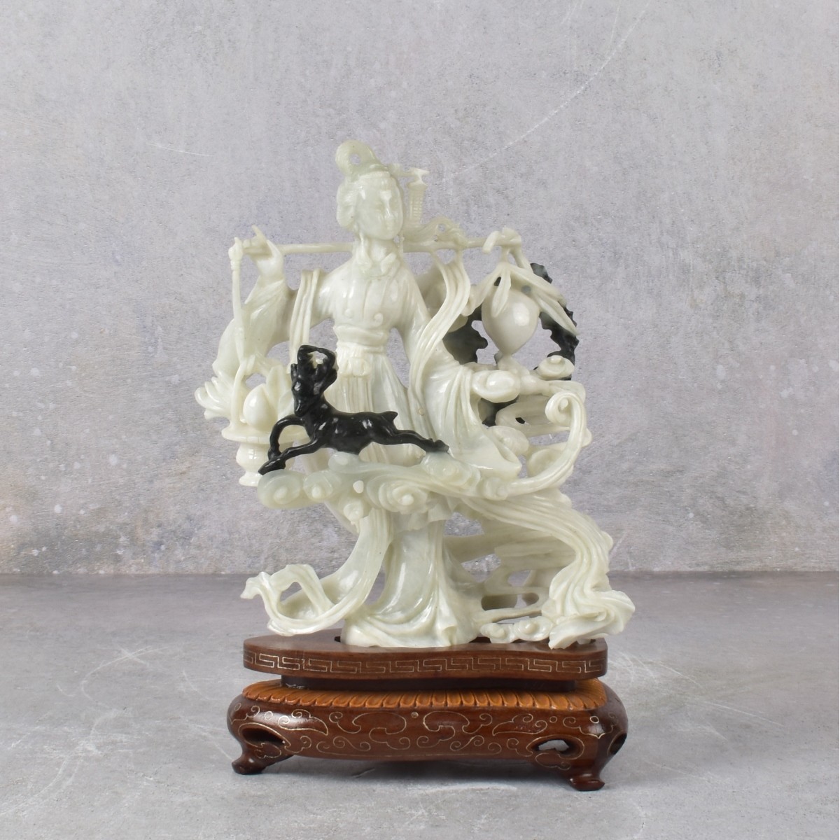Chinese Carved Jade Guanyin on Wooden Base.