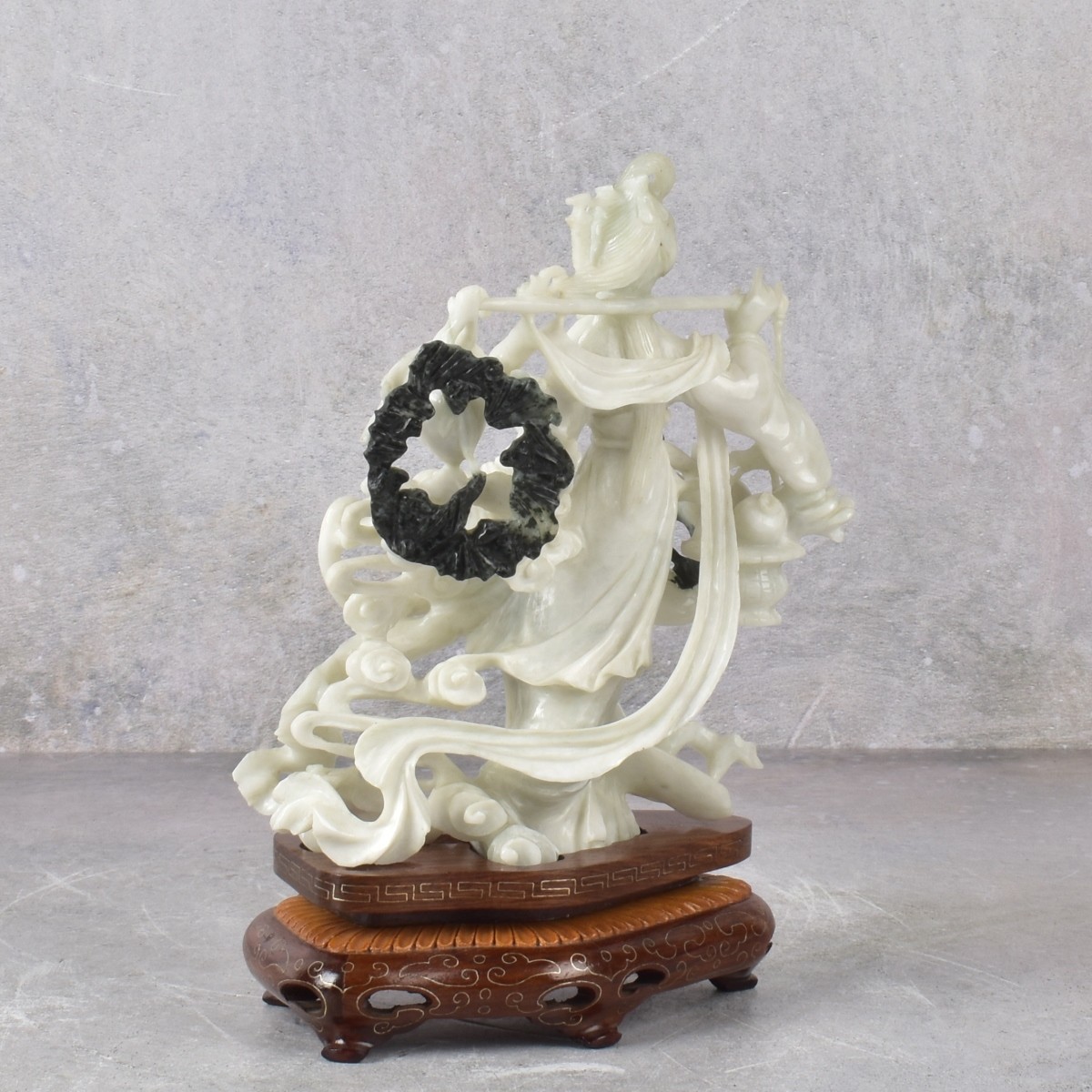 Chinese Carved Jade Guanyin on Wooden Base.