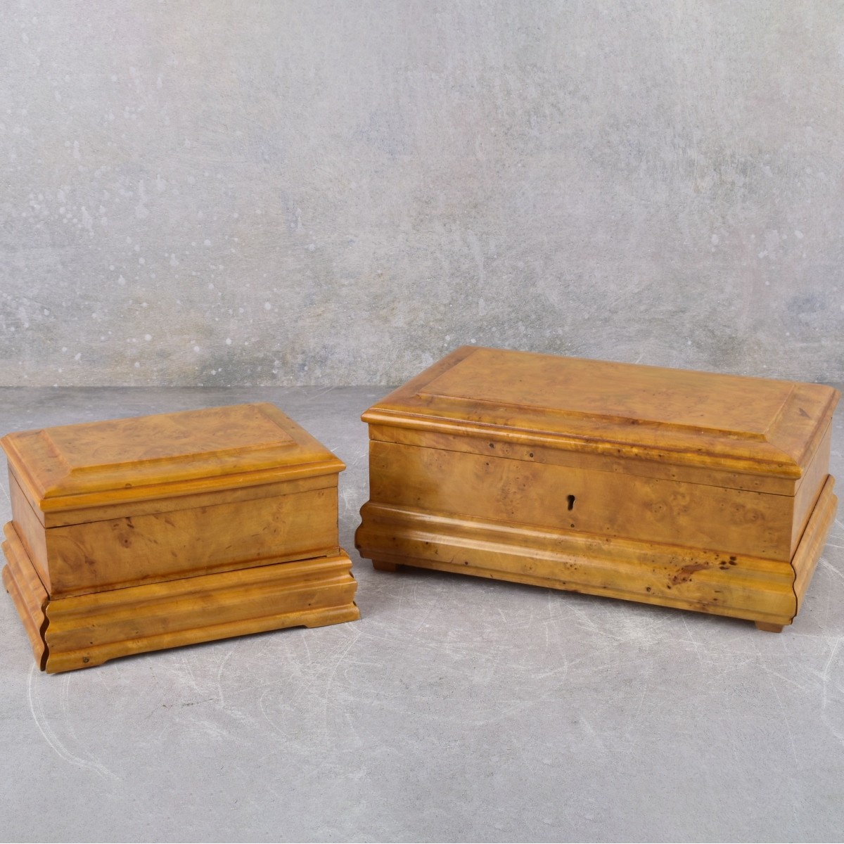 Burl Wood Hinged Boxes with Secret Drawers