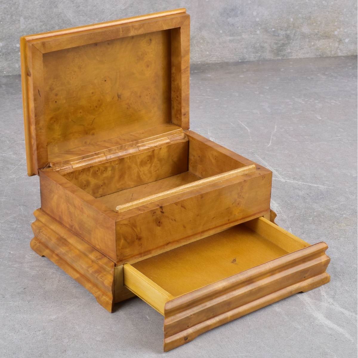 Burl Wood Hinged Boxes with Secret Drawers