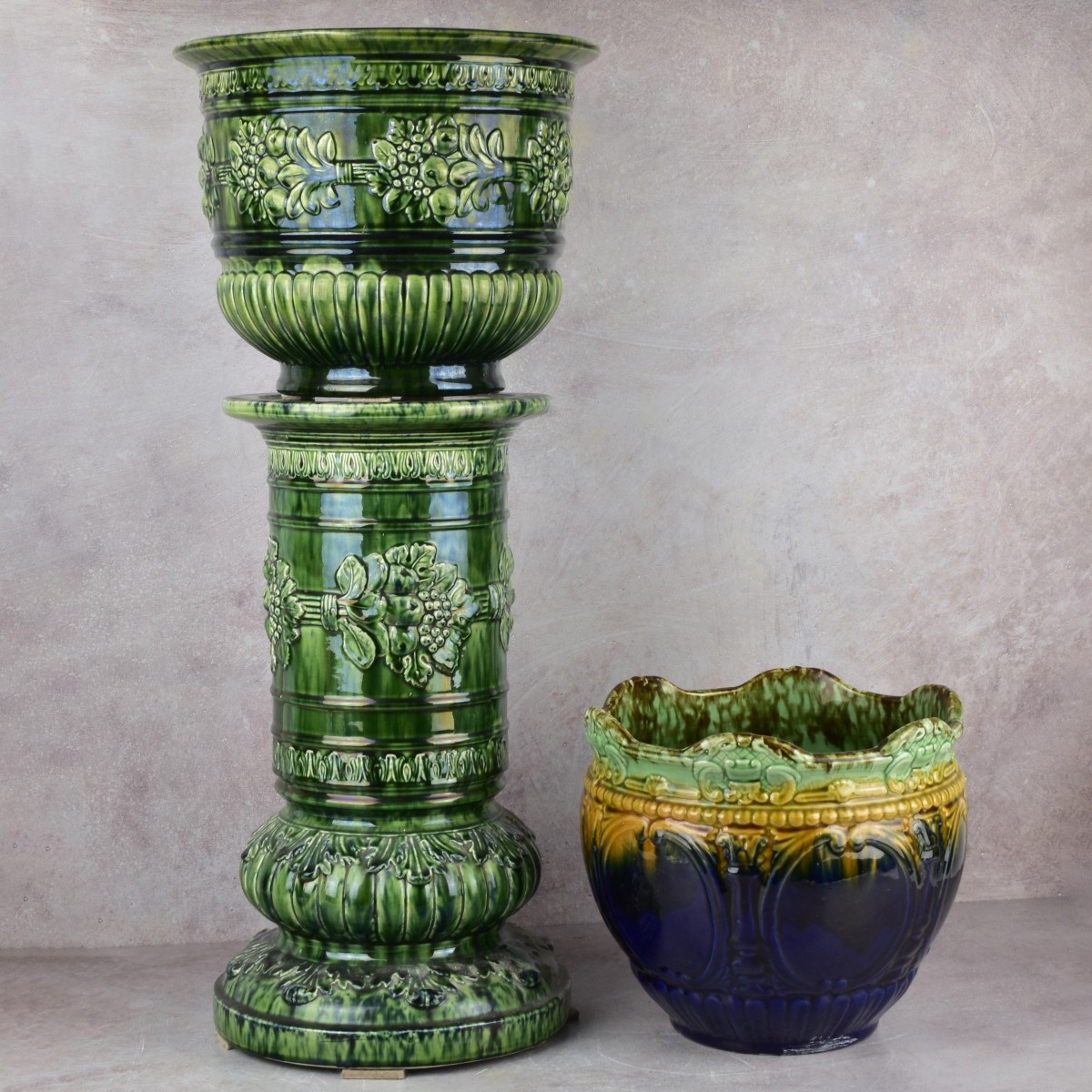 Majolica Pedestal and Jardinieres
