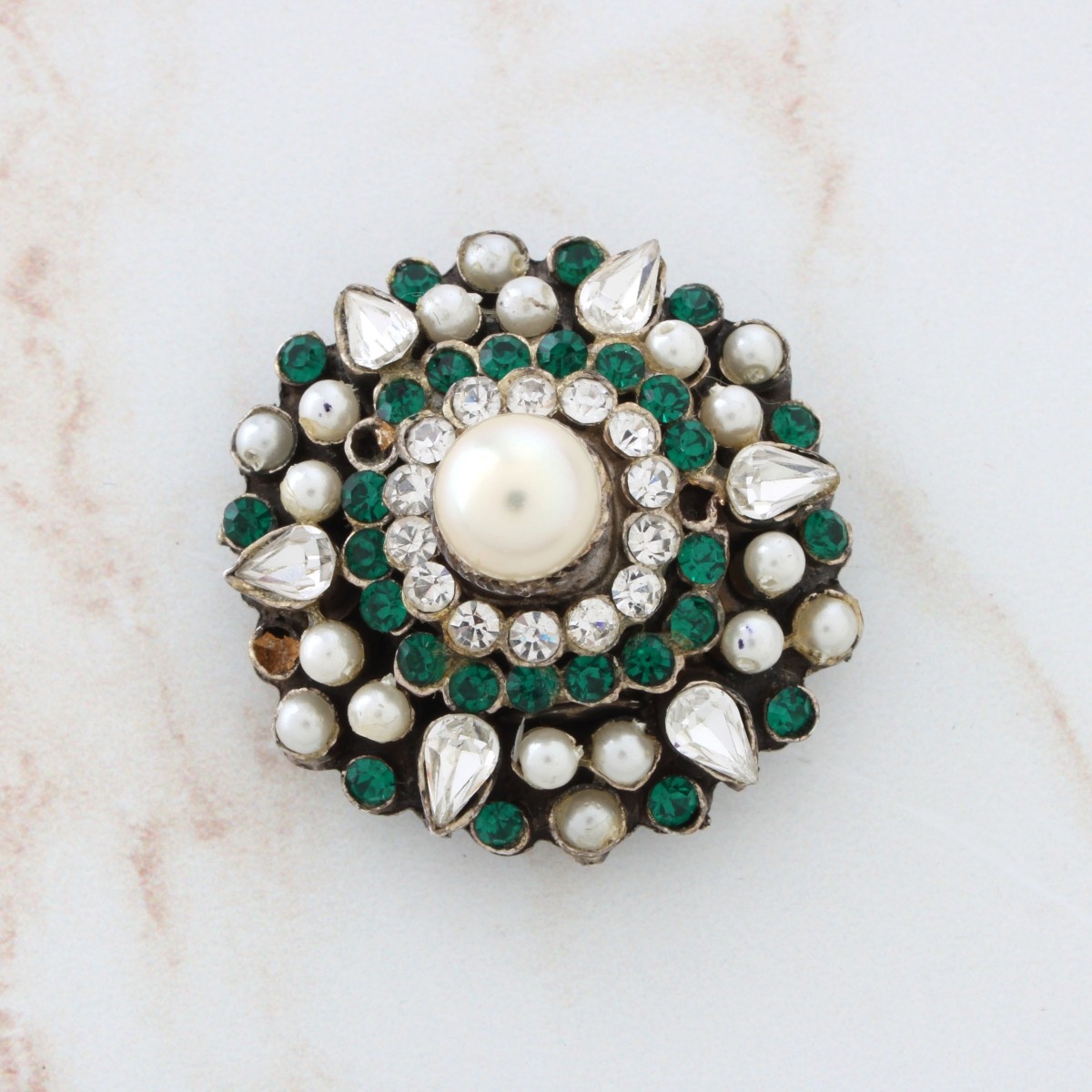 Gemstone, Pearl and Silver Brooch