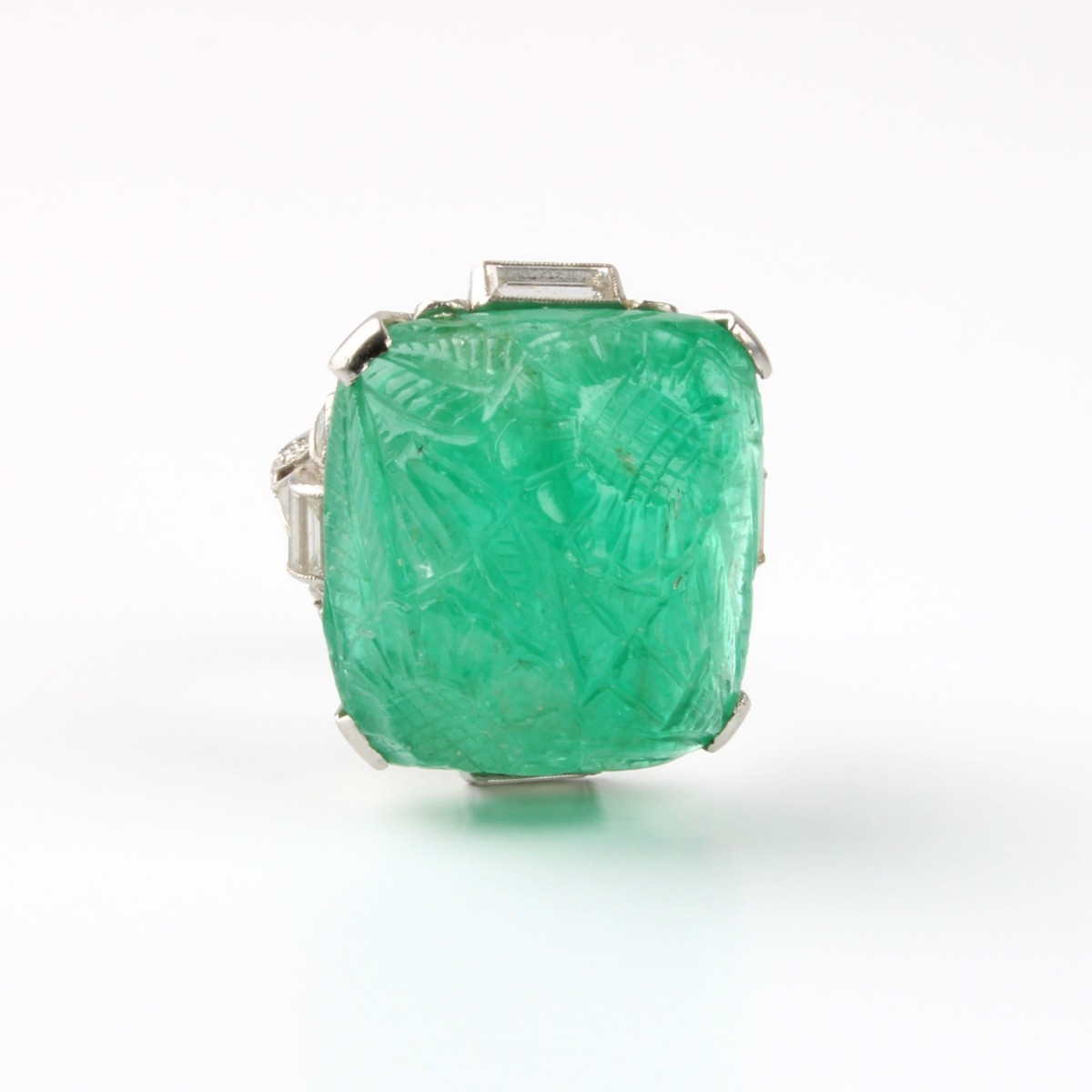 Deco Emerald, Diamond and Platinum Ring