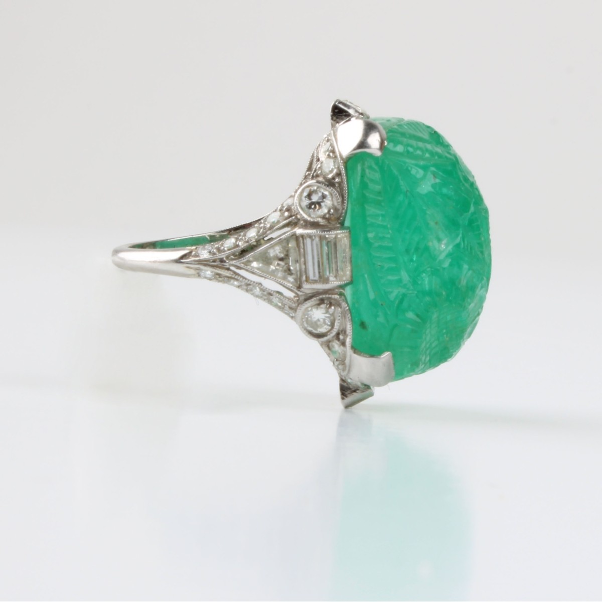 Deco Emerald, Diamond and Platinum Ring