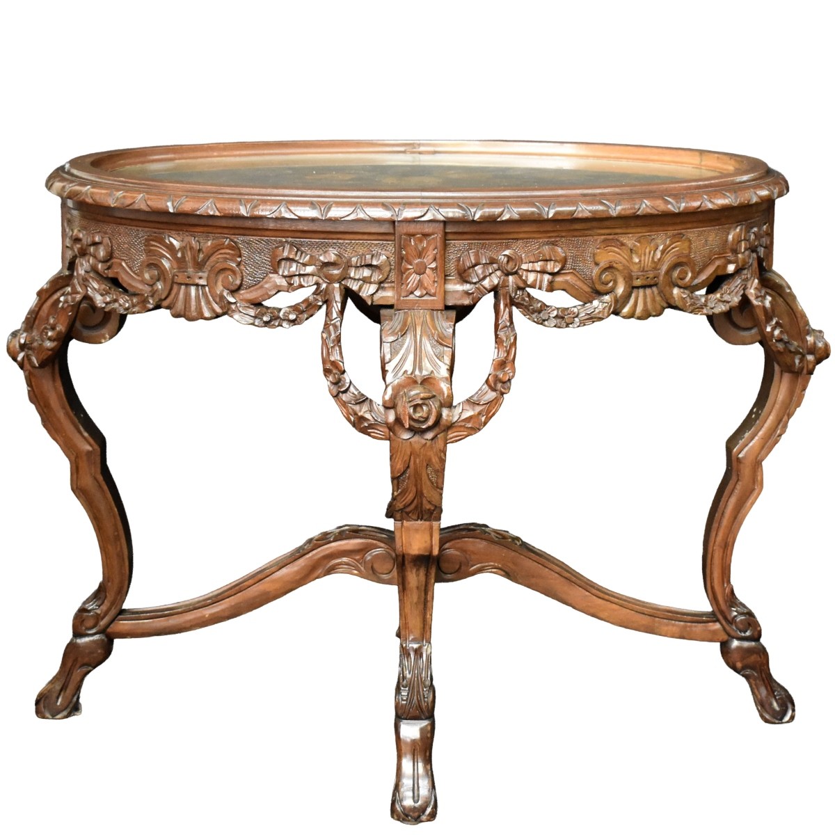 Vintage Carved Marquetry Oval Table