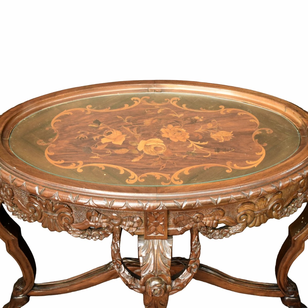 Vintage Carved Marquetry Oval Table