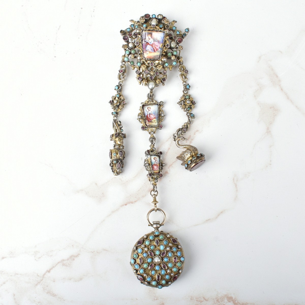 Gemstone, Pearl and Silver Chatelaine