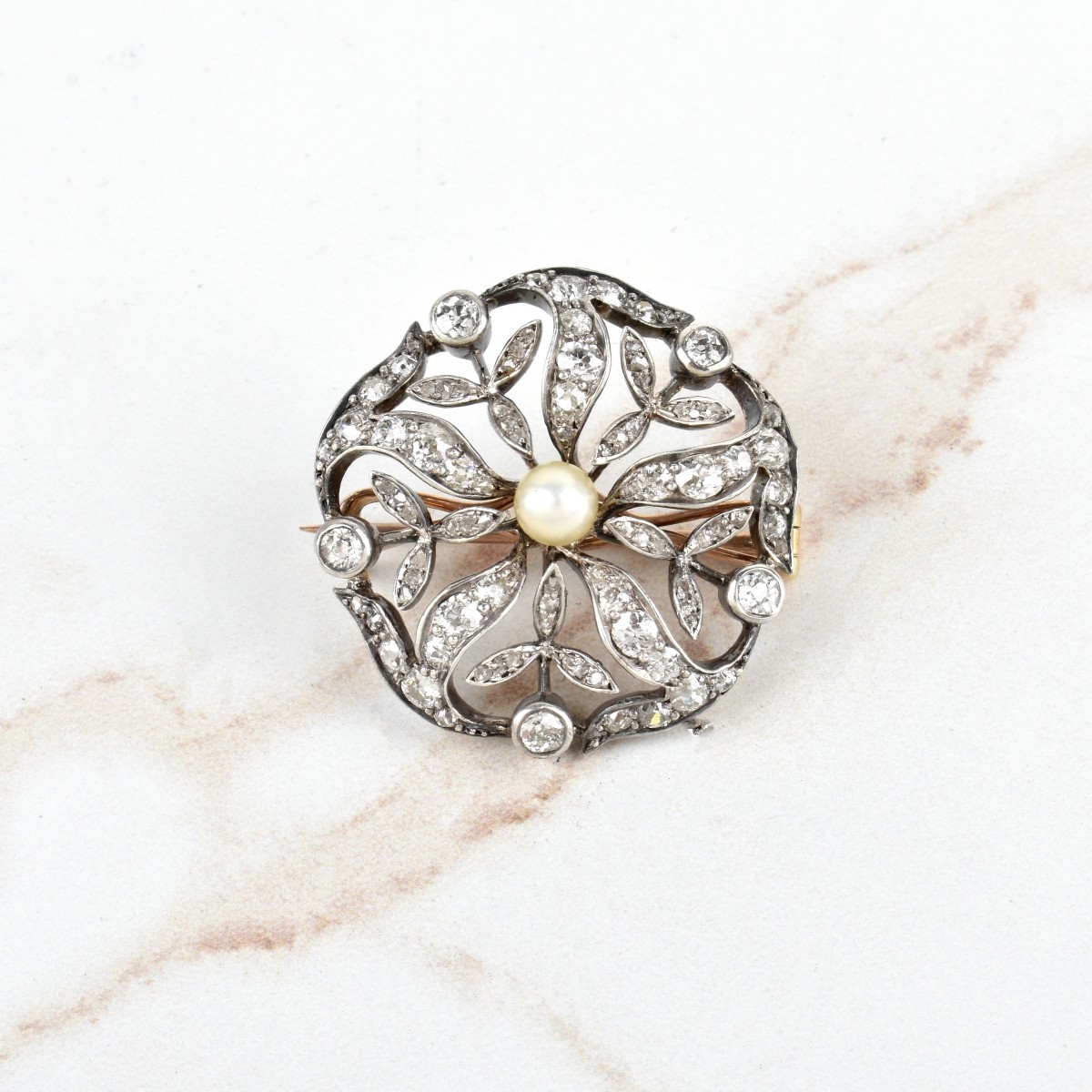 Diamond, Pearl, 14K Gold and Silver Pin