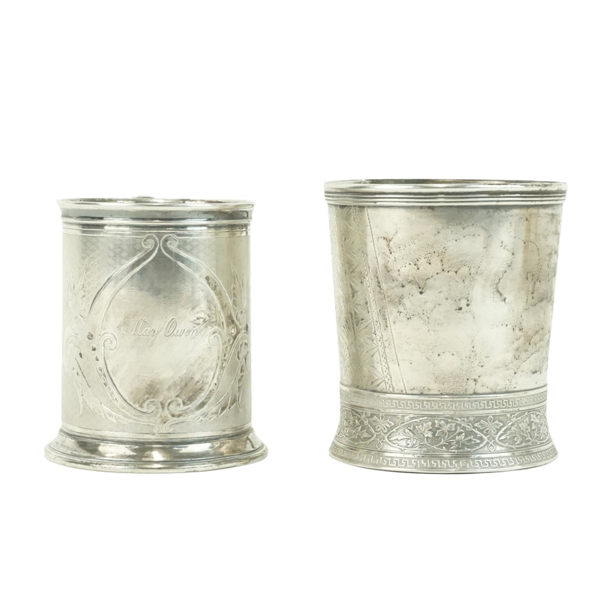 Two (2) English Mugs, Sterling & Coin Silver