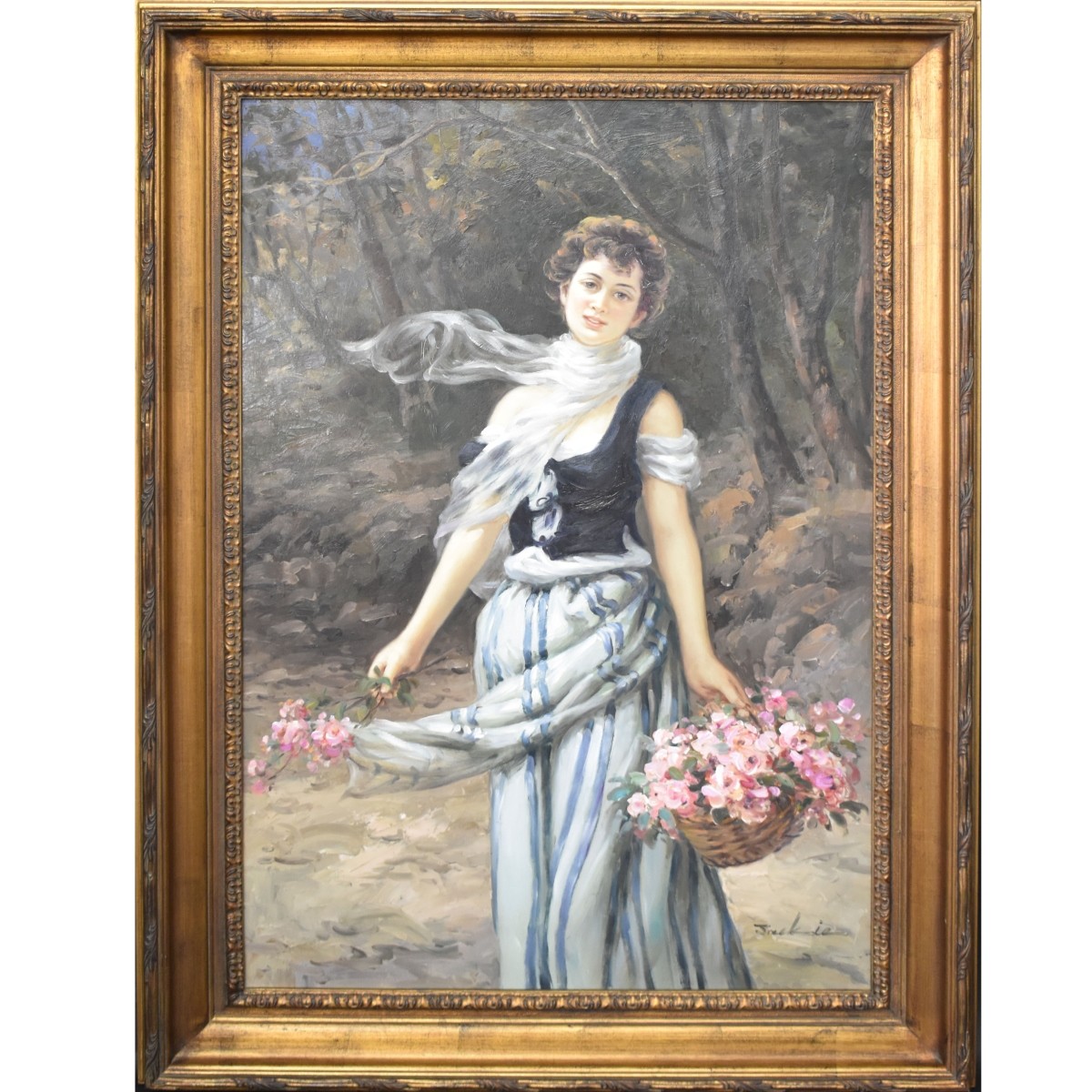 Oil on Canvas of a Girl Gathering Flowers