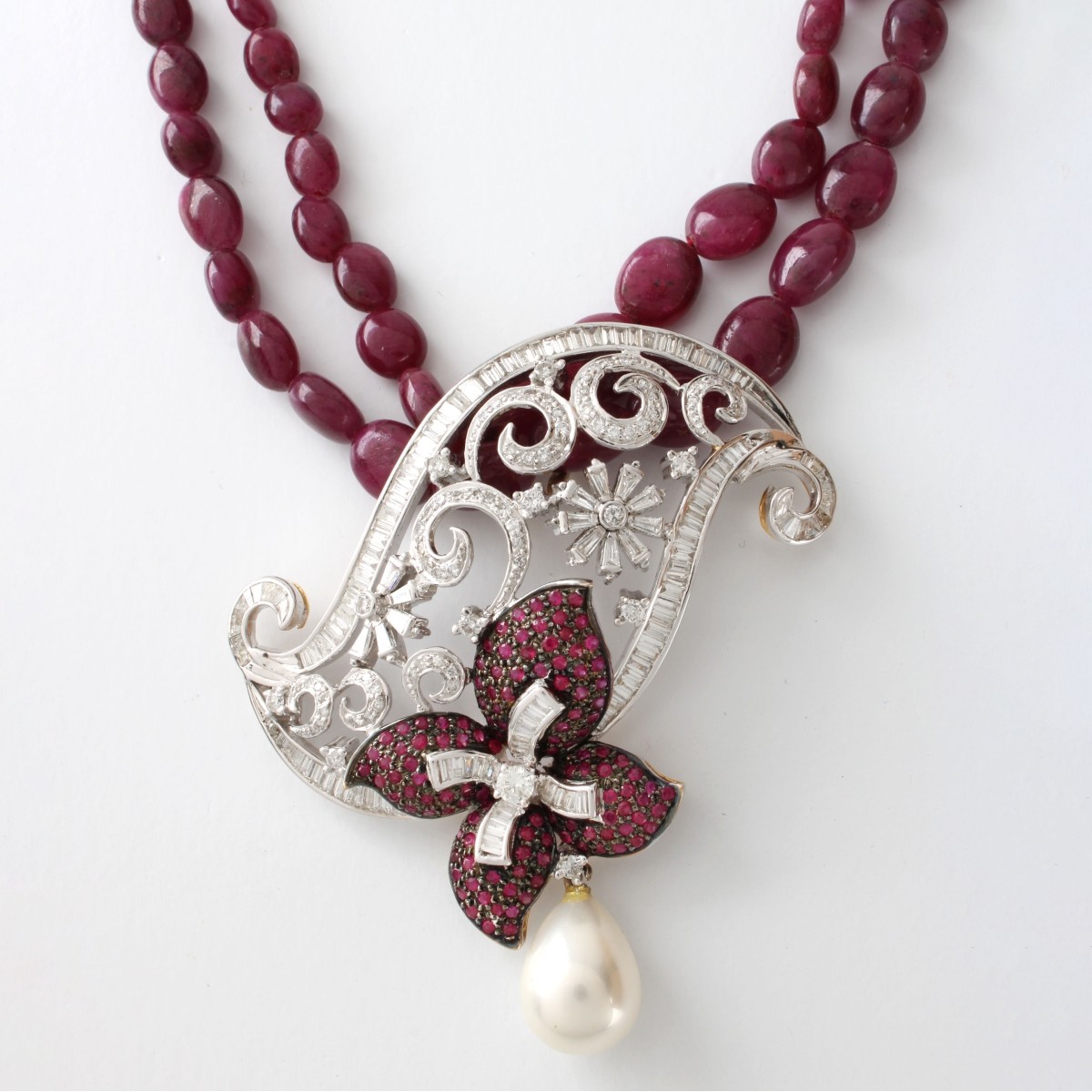 Ruby, Diamond, Pearl and 14K Necklace