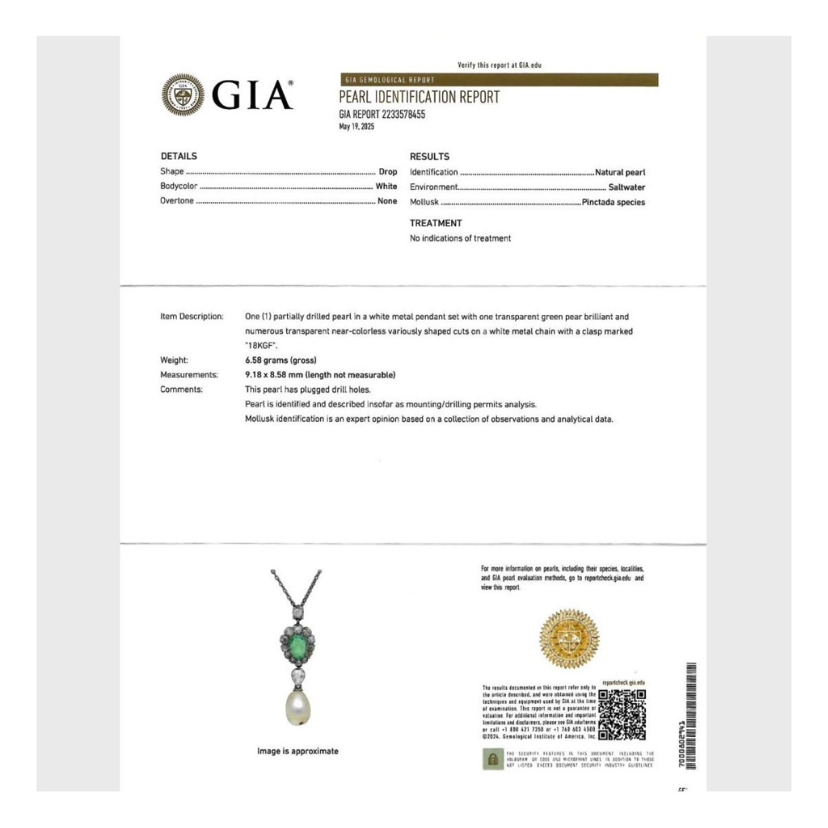 Pearl, Emerald, Diamond & Plat. Pendant